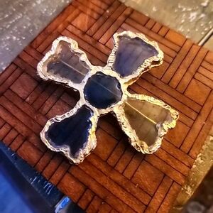 Vintage Signed Joy Poured Resin Yellow & Blue Cross Pin Brooch Costume Jewelry.